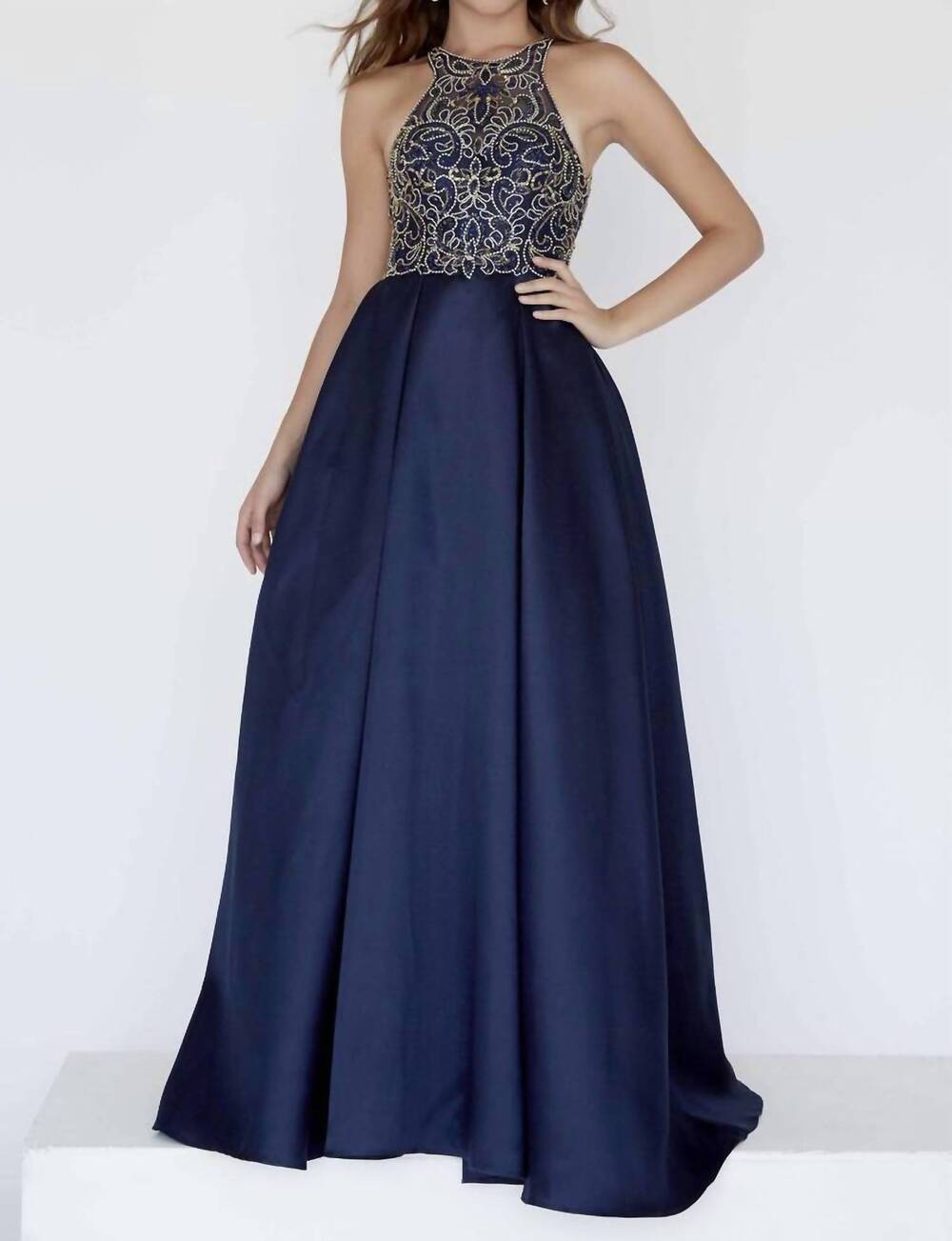 NEW JOSH & JAZZ beaded mikado halter prom dress in midnight